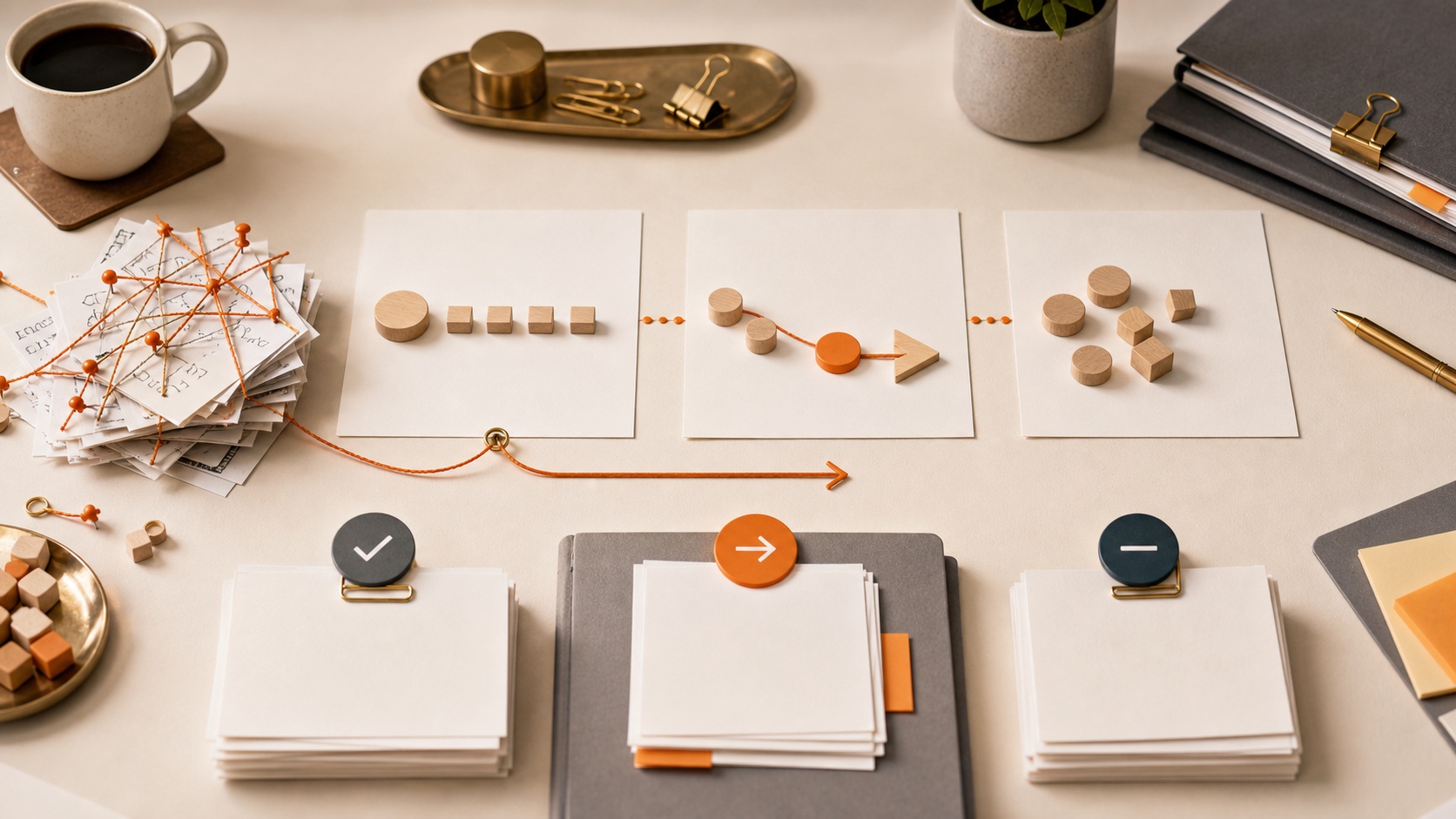 Bright AI-generated visual of messy business notes sorted into a clean first-fix path and stop-doing pile.