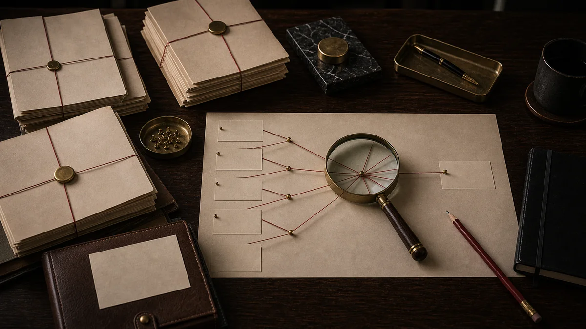 Dark desk scene with sealed private files, red threads converging through a magnifying glass, and one clean next-step card.