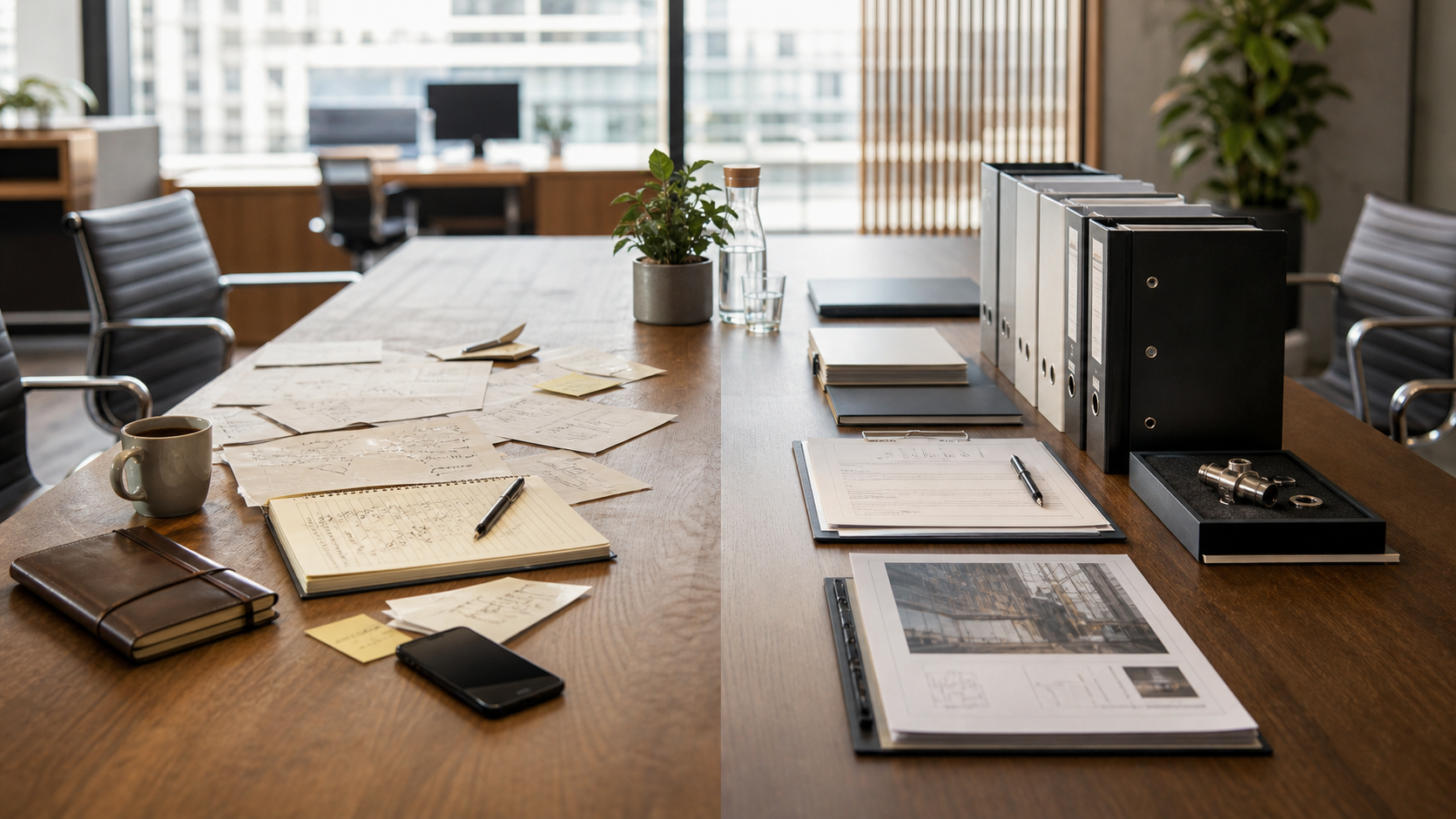 Advisor cost decision board with folders, notes, and business documents.