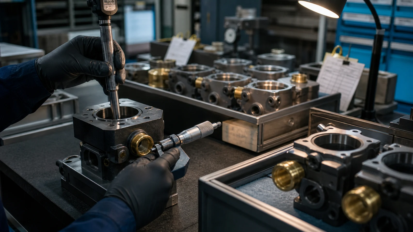 Manufacturing qualification review with part drawings, inspection records, calibrated measurement tools, material records, and a pilot production sample.
