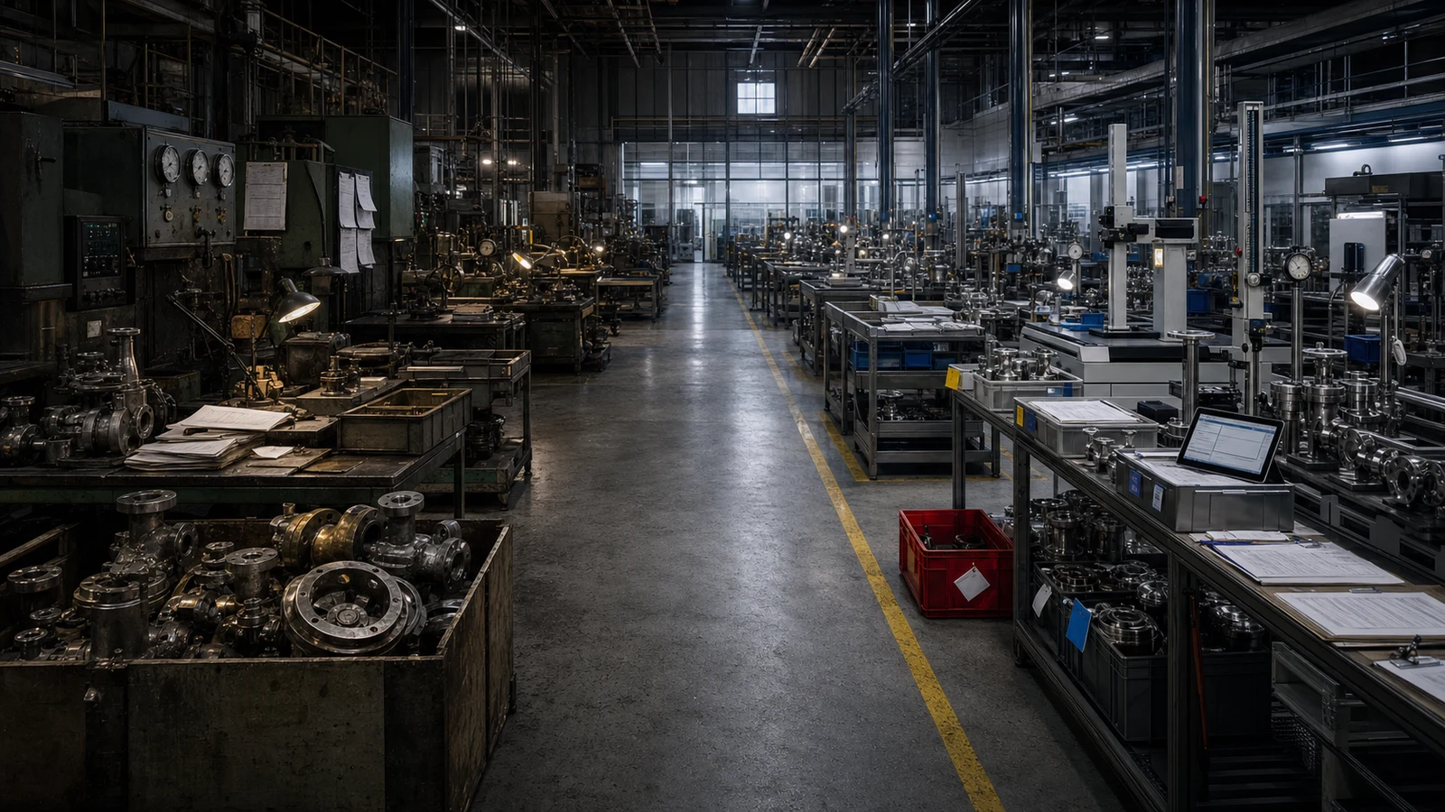 A valve factory floor where mixed parts and uncontrolled papers contrast with lot segregation, calibrated metrology, traceability tags, and containment controls.