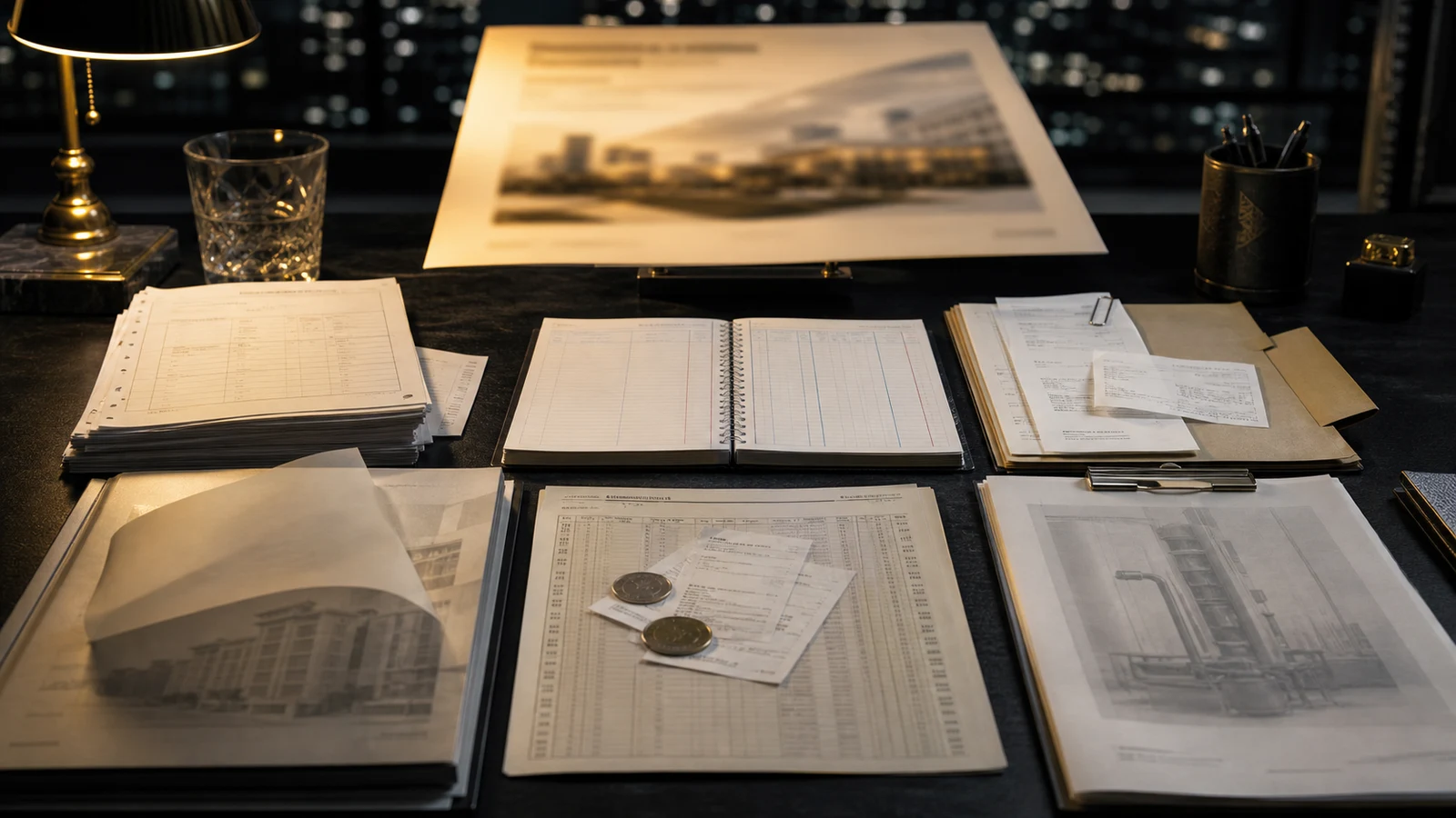 Several different financial evidence layers on an owner desk.